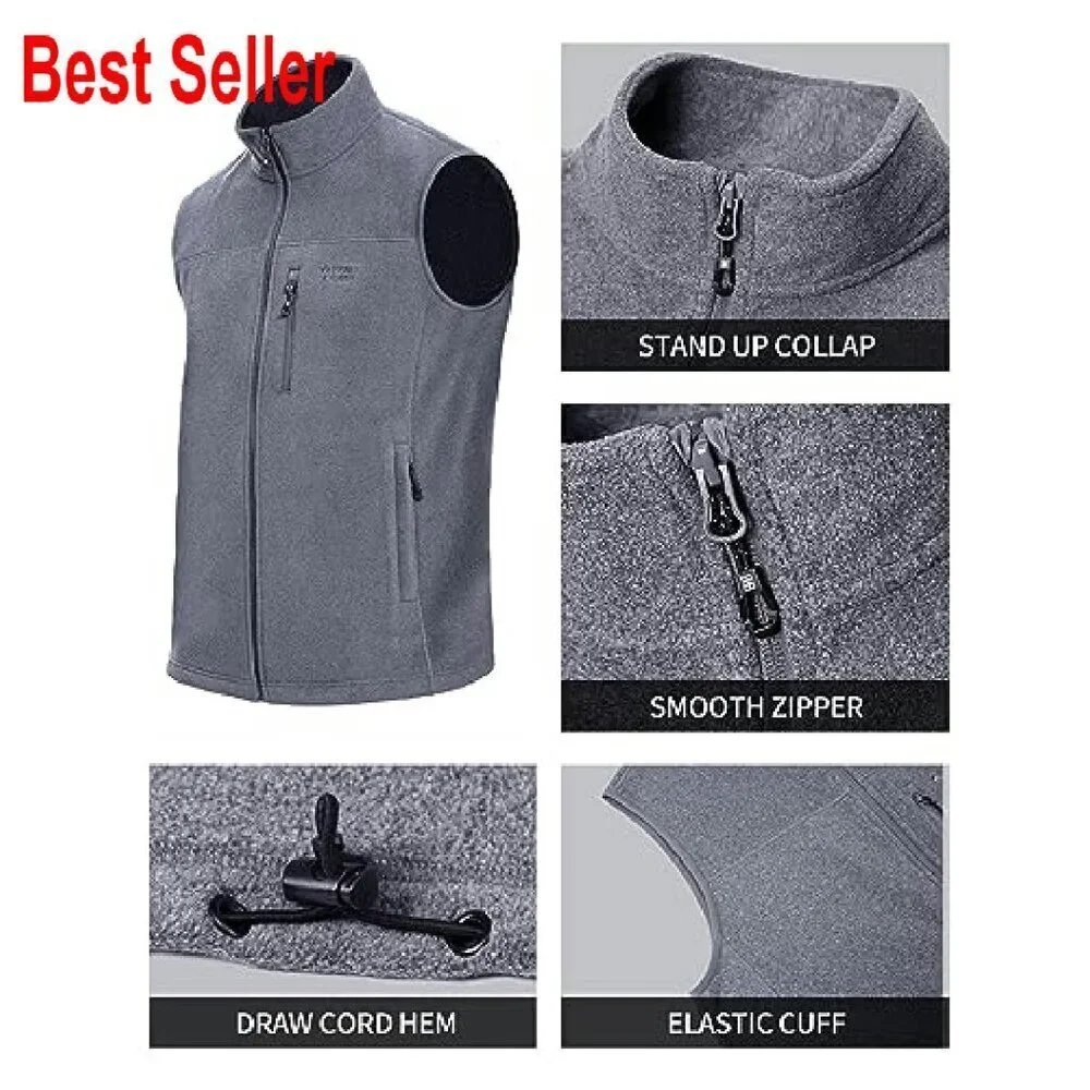 Men's Full-Zip Polar Fleece Vest Lightweight Sleeveless Jacket 5 Pockets